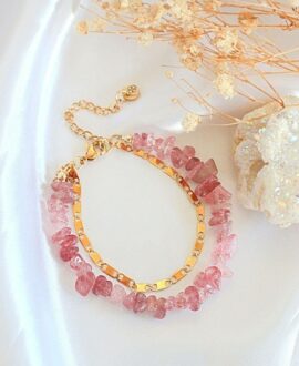 Strawberry Quartz & 24 Karats Double-Layered Bracelet