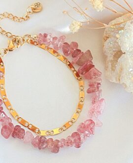 Strawberry Quartz & 24 Karats Double-Layered Bracelet