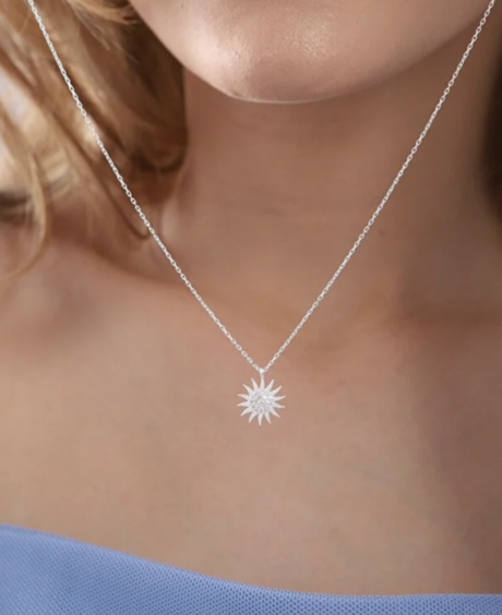 925 Sterling Silver Sun Pendant Necklace with White Zircon Stone