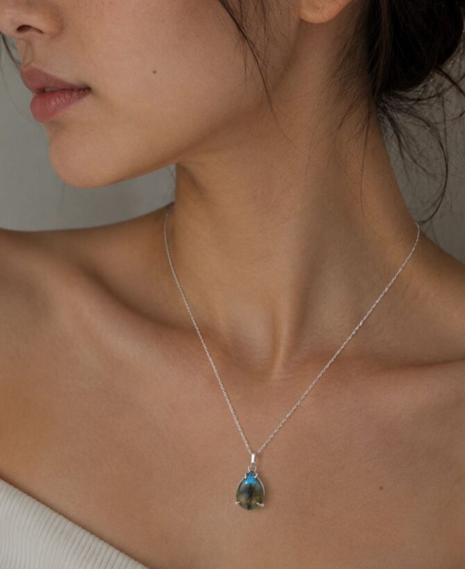 Labradorite Teardrop Pendant Sterling Silver Necklace